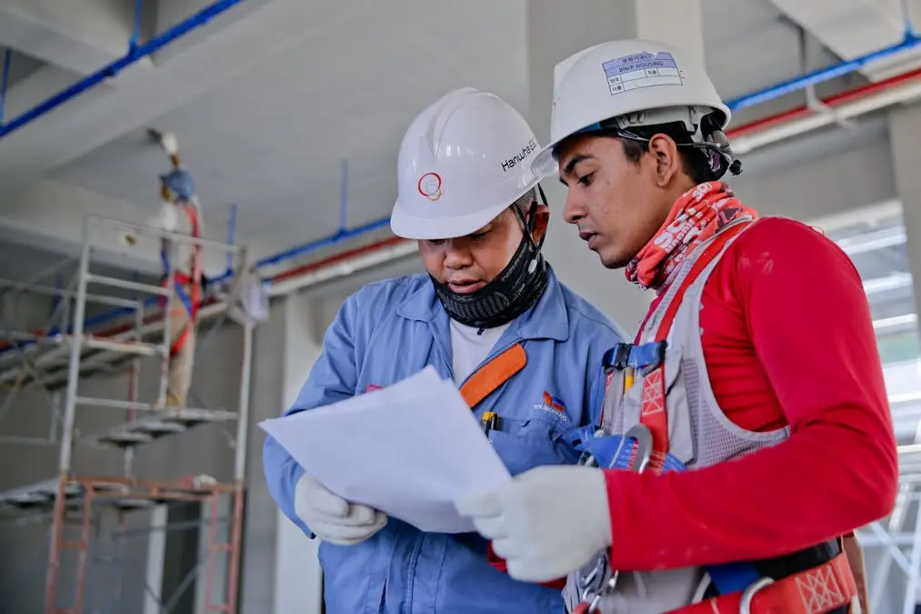 Équipe de chantier vérifiant un plan sur site en travaux