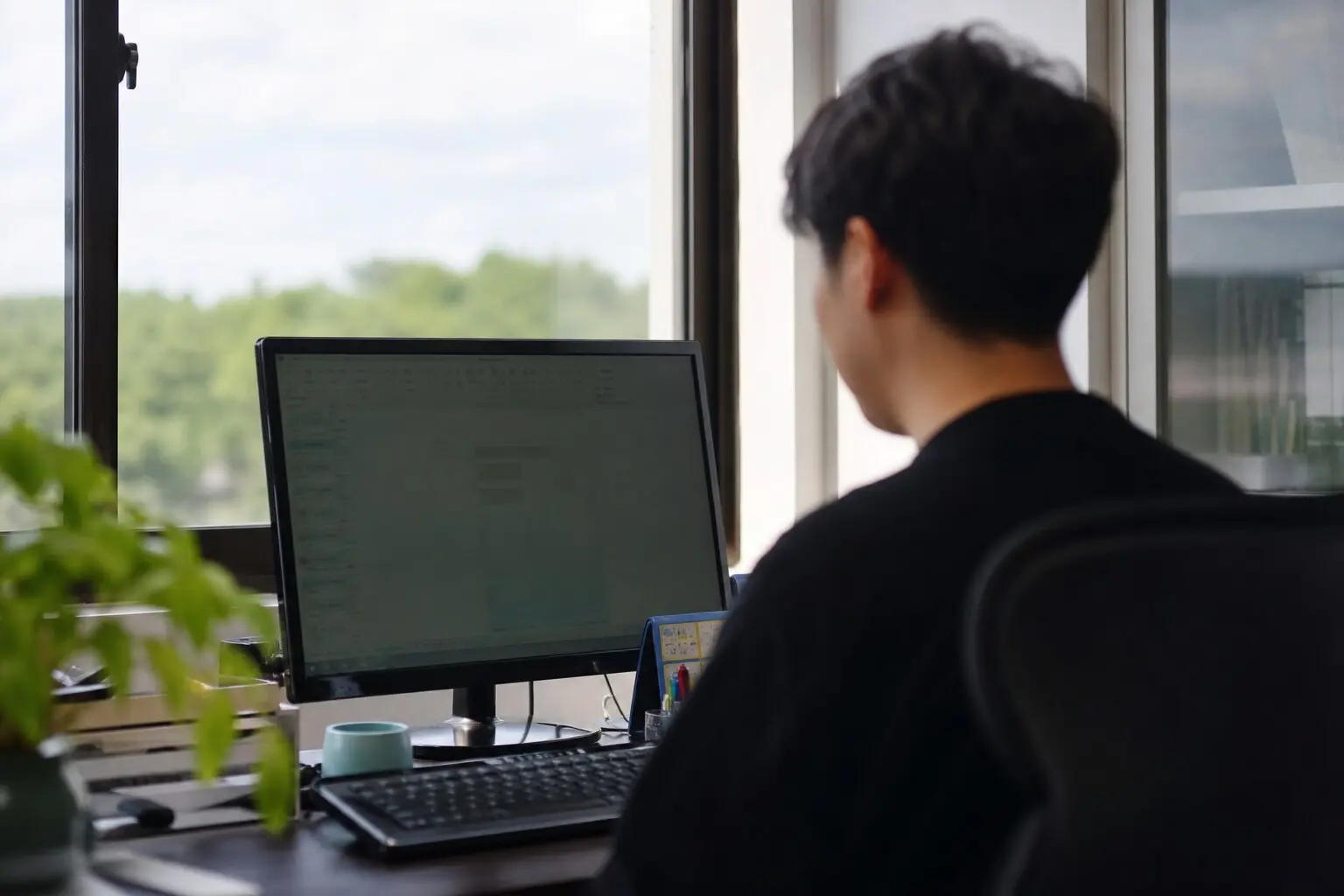 Poste de travail face à un vitrage ensoleillé, réduction des éblouissements