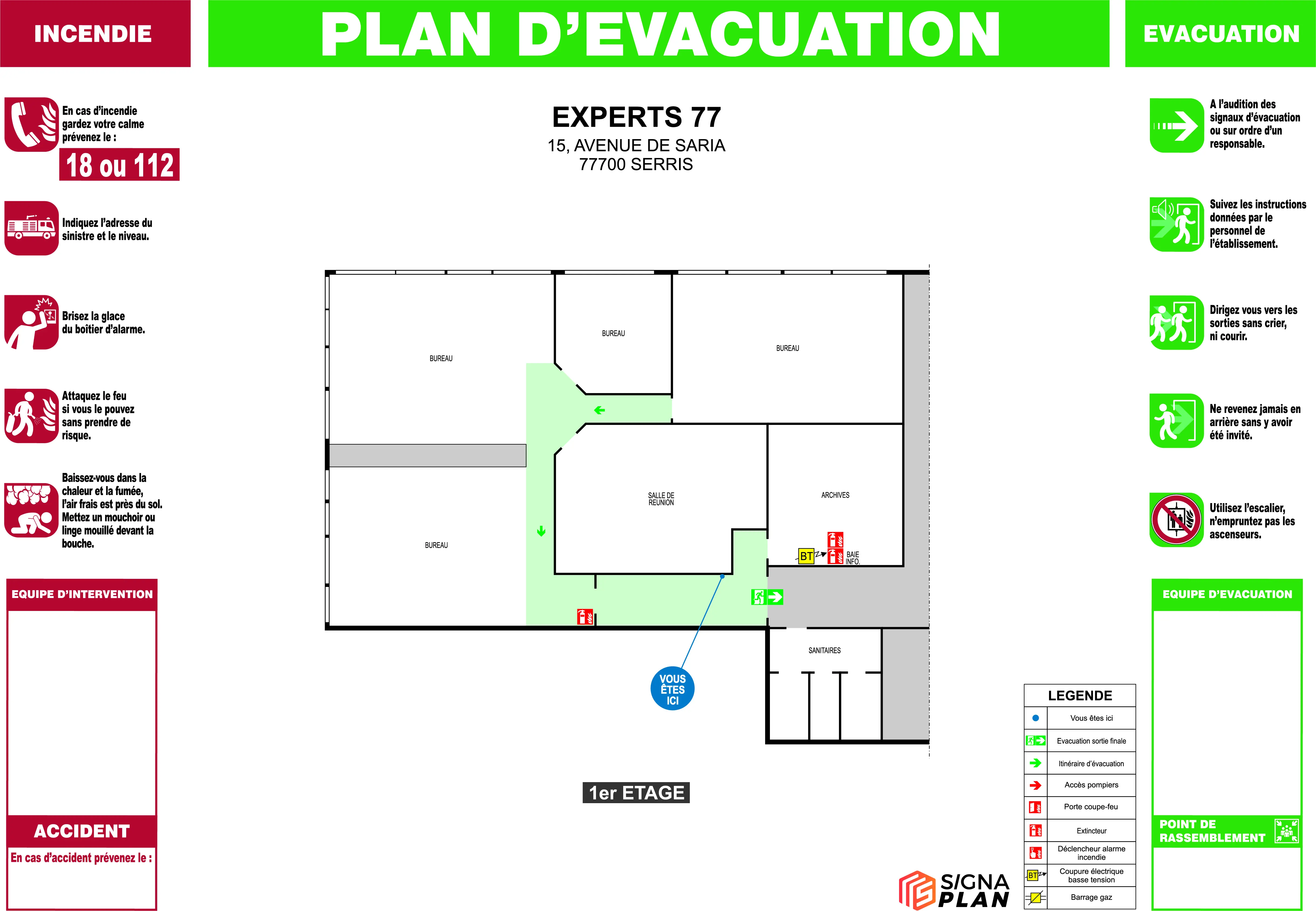 Plan d'évacuation détaillé avec pictogrammes ISO 7010 et légende normalisée