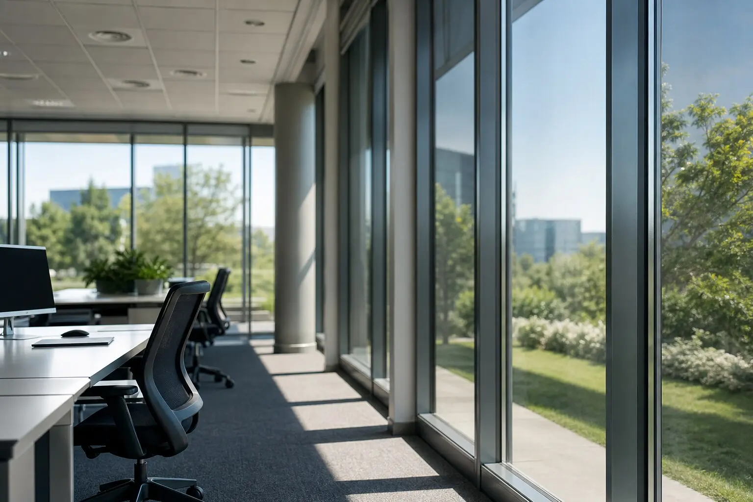 Comparaison vitrage avec et sans film solaire sur fenêtre de bureau