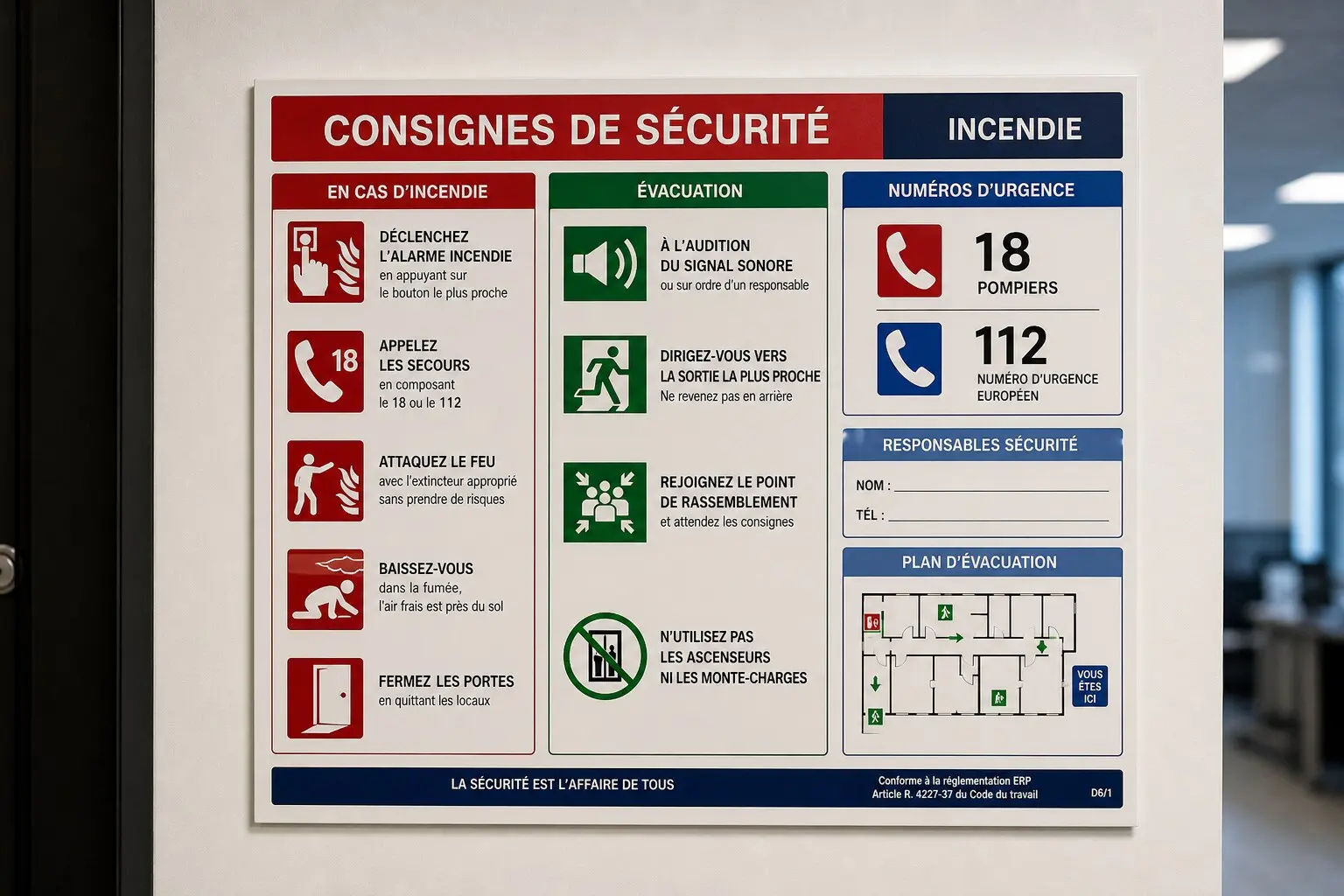 Panneau de consignes de sécurité incendie normalisées