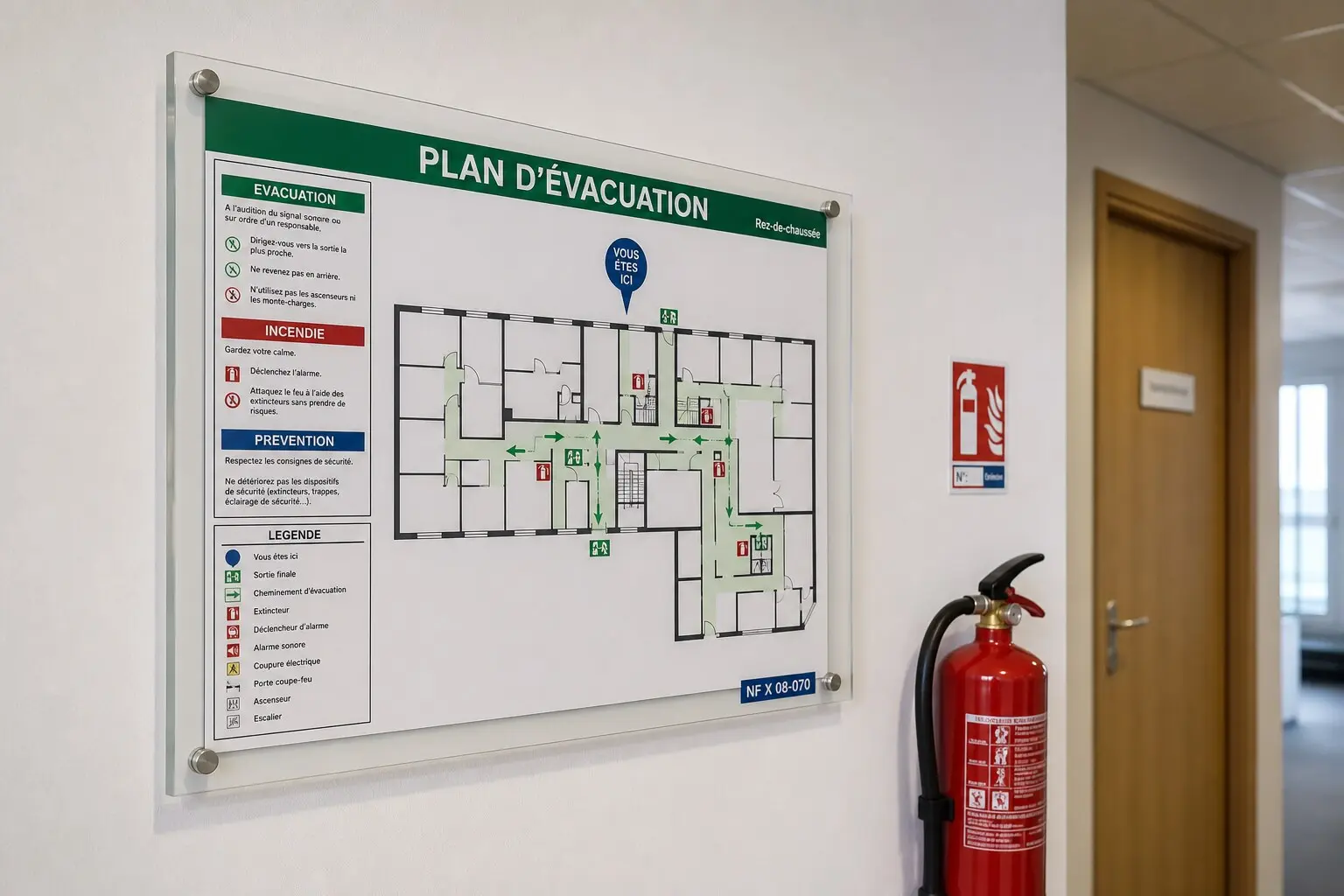 Plan d'évacuation affiché en support rigide sur mur de bureau